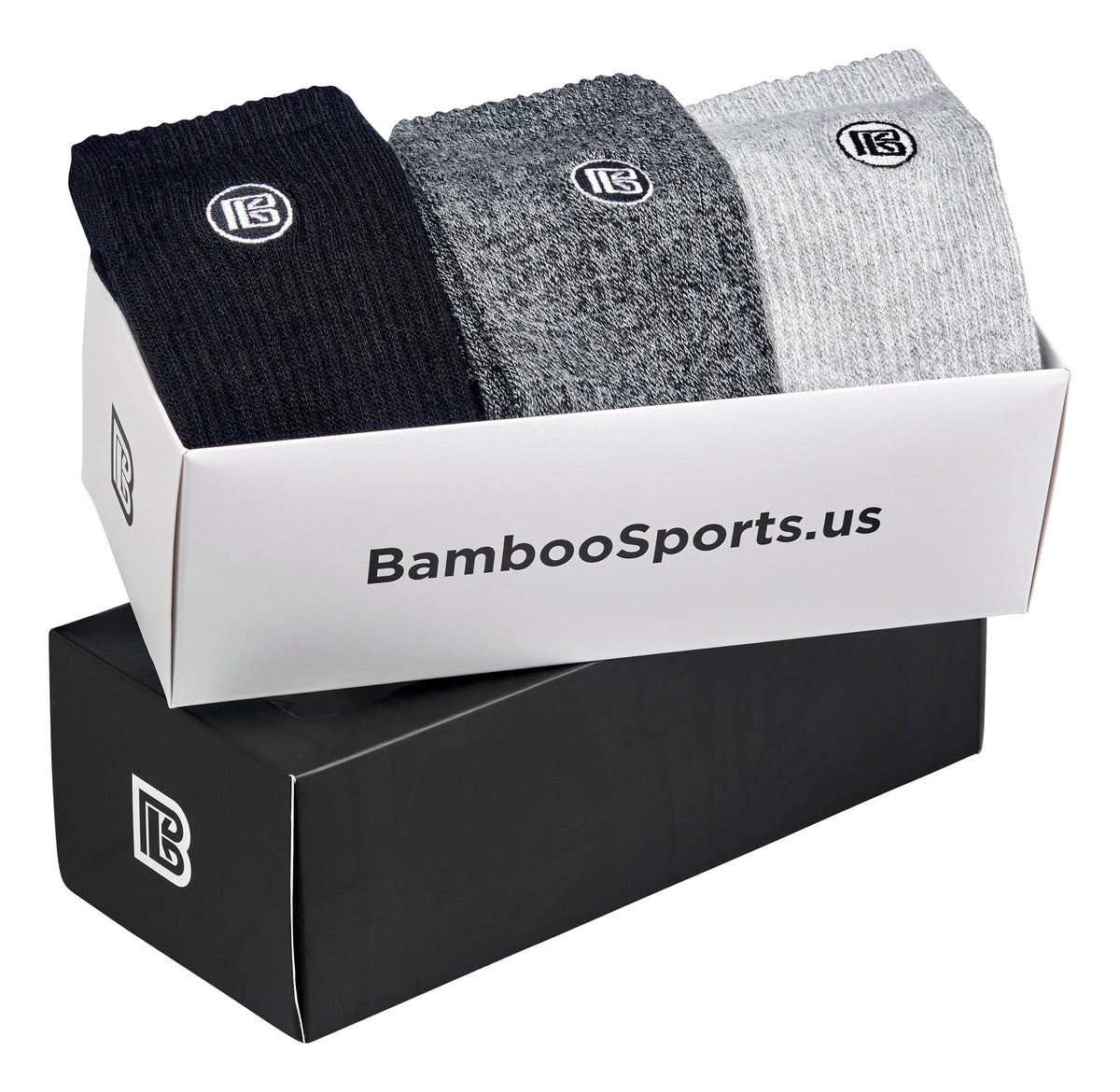 3-pair crew socks gift box with black, heather gray, and light gray socks