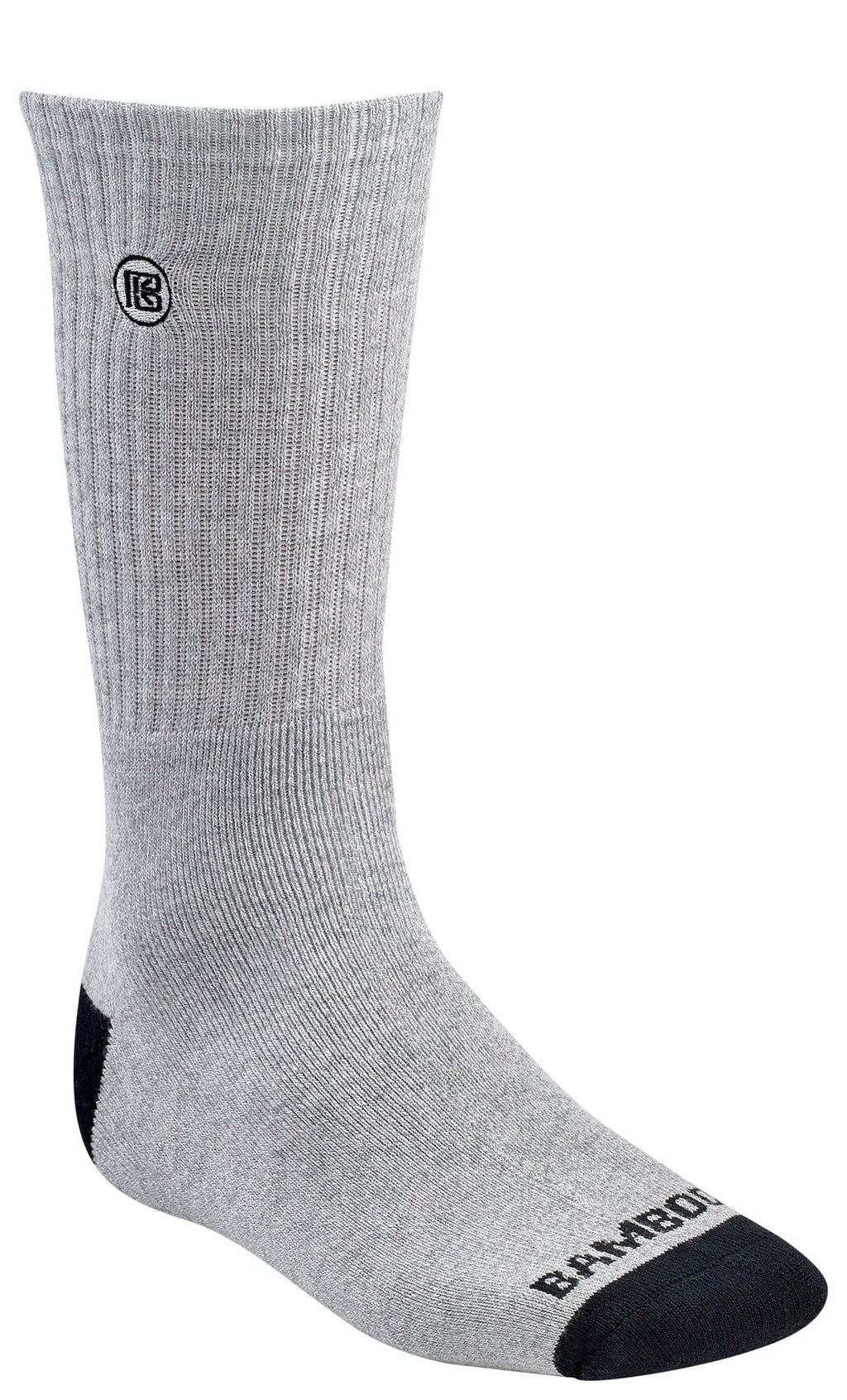 Single light gray crew sock with ribbed knit and dark contrast toe/heel