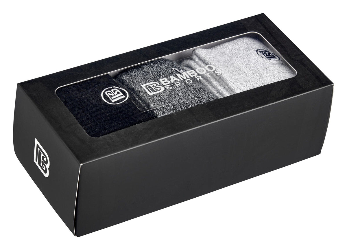BambooSports gift box with three socks inside: black, heather gray, and light gray