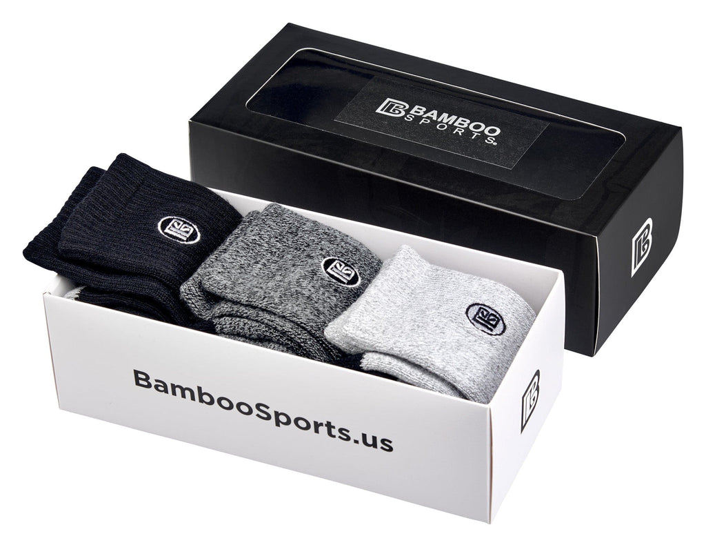Crew sock gift box with three pairs: black, heather gray, and light gray