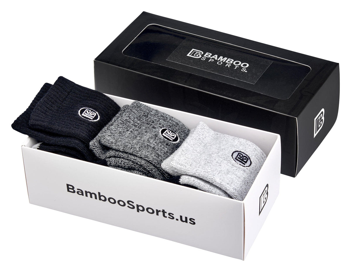 Crew sock gift box with three pairs: black, heather gray, and light gray