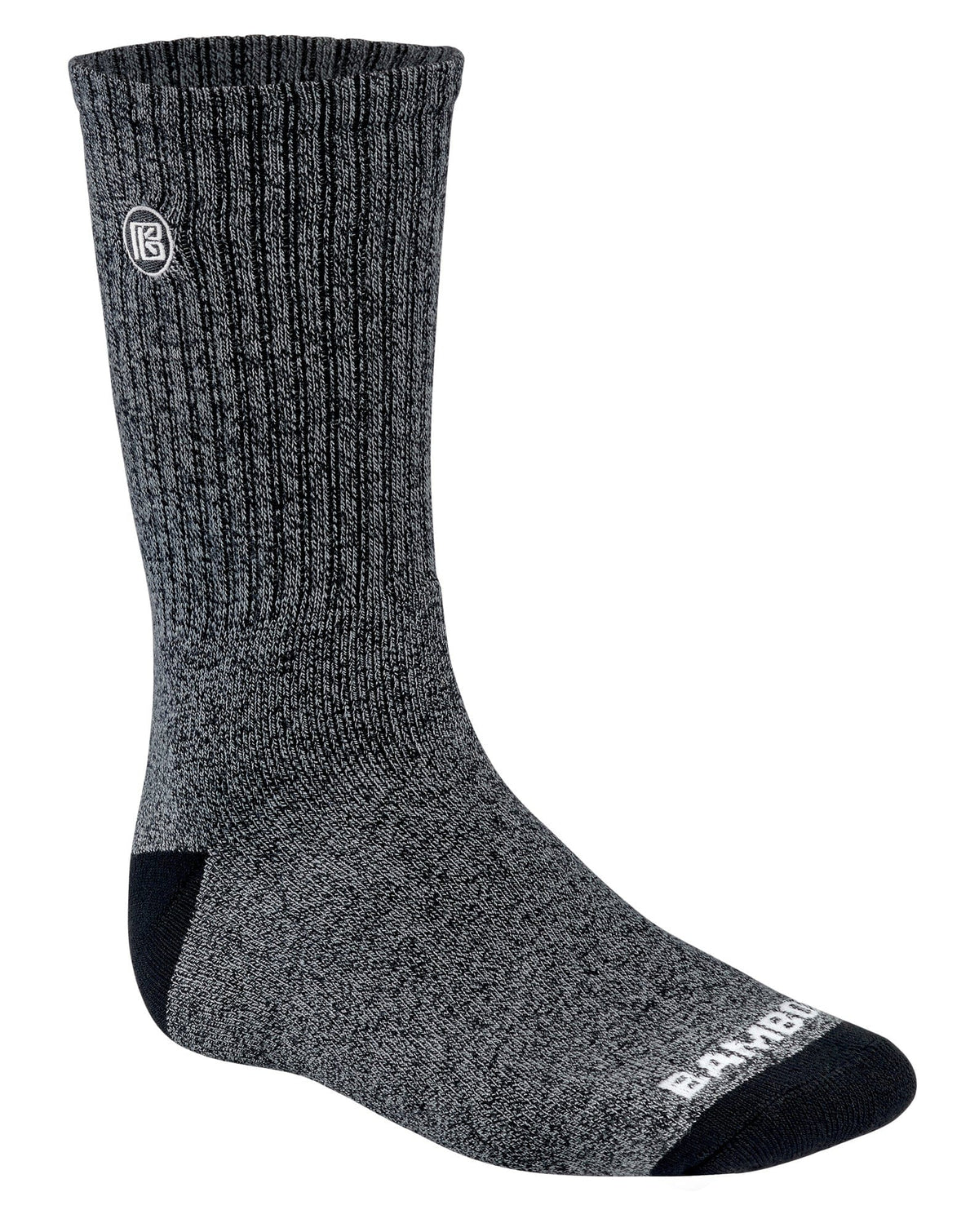 Single heather gray crew sock with ribbed knit and logo patch at cuff