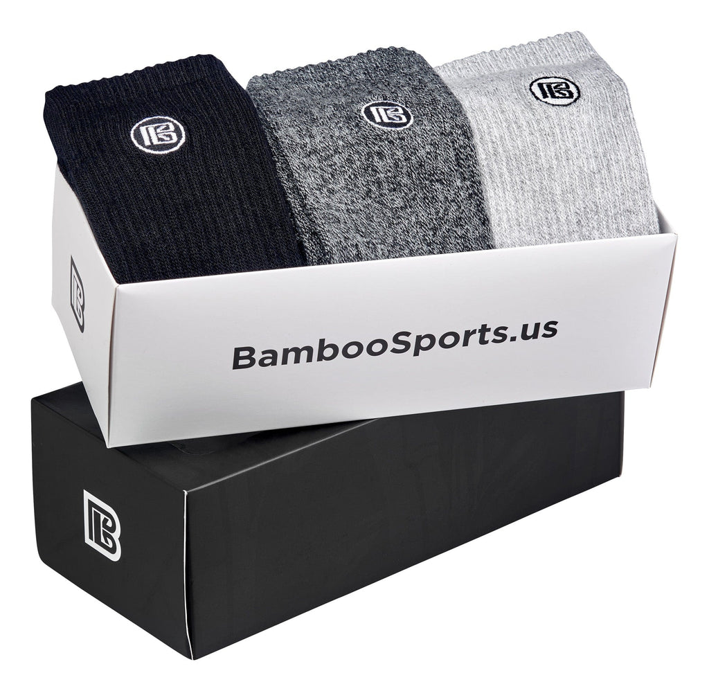 3-pair crew socks in gift box: black, heather gray, and light gray pair