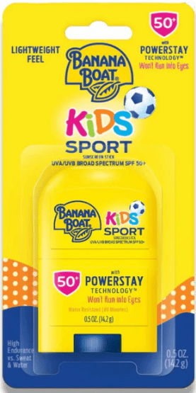 Kids Sport sunscreen stick, SPF 50, yellow Banana Boat package with PowerStay tech.