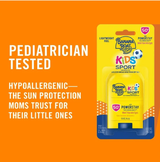Banana Boat Kids Sport sunscreen stick, SPF 50, pediatrician tested, hypoallergenic.