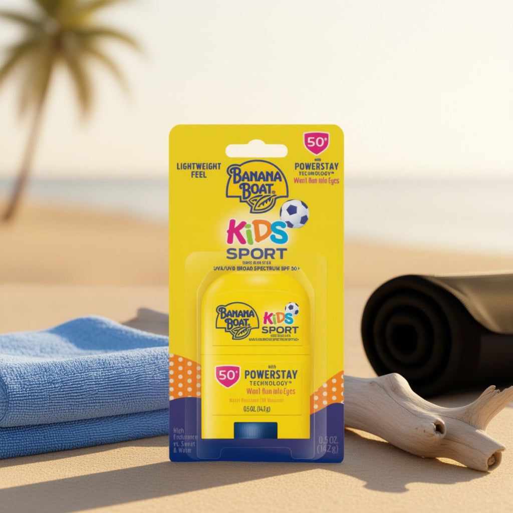 Kids sport sunscreen stick box, SPF 50, yellow PowerStay packaging with soccer graphic.