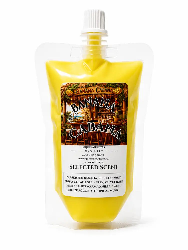 Yellow squeezable wax melt pouch with white screw cap and selected scent label