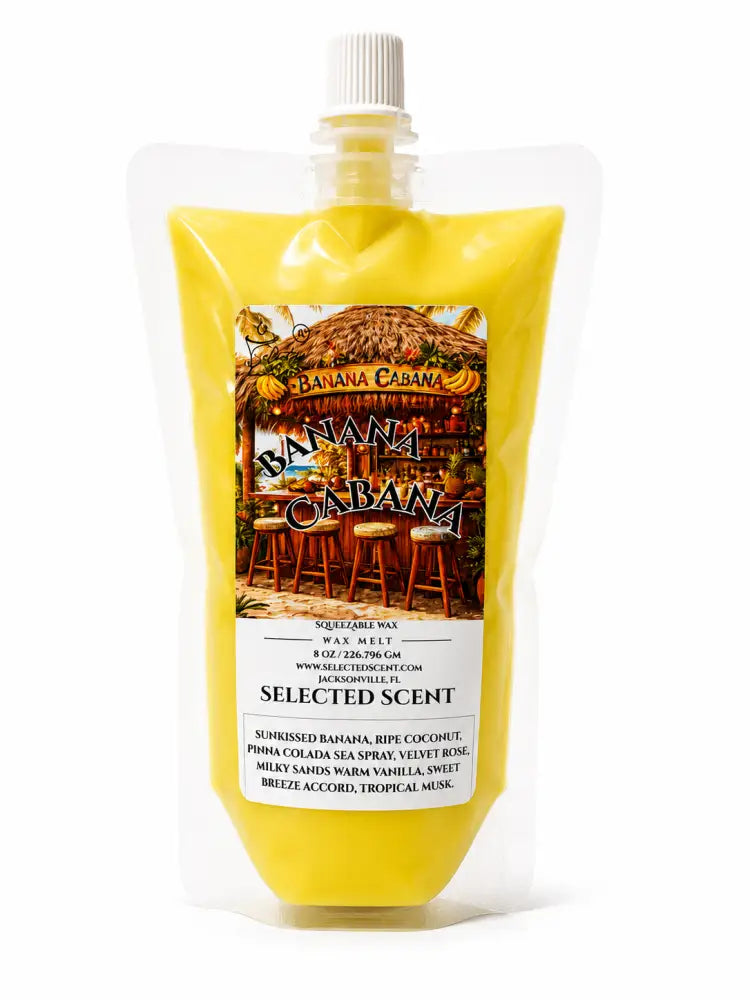 Yellow squeezable wax melt pouch with white screw cap and selected scent label