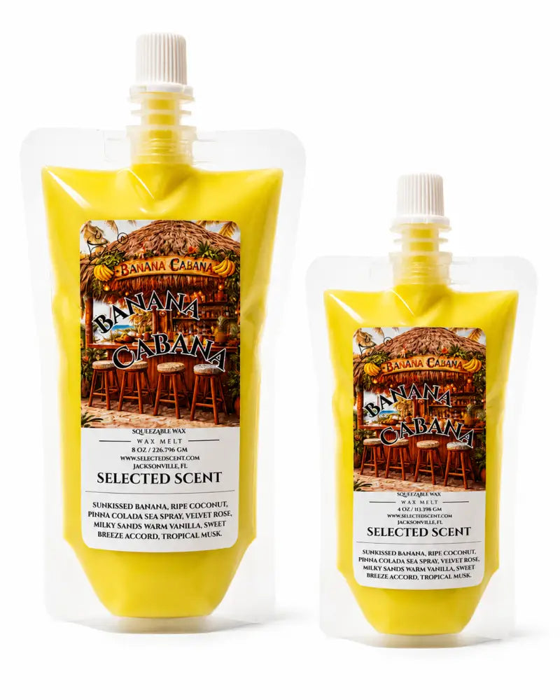 Yellow squeezable wax melt pouch with white screw cap and selected scent label