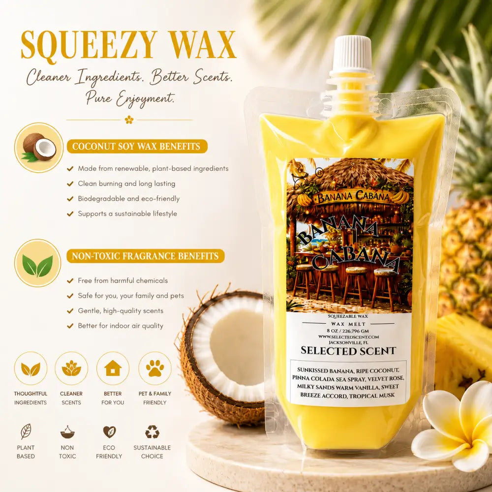 Yellow squeezable wax melt pouch with white screw cap and selected scent label