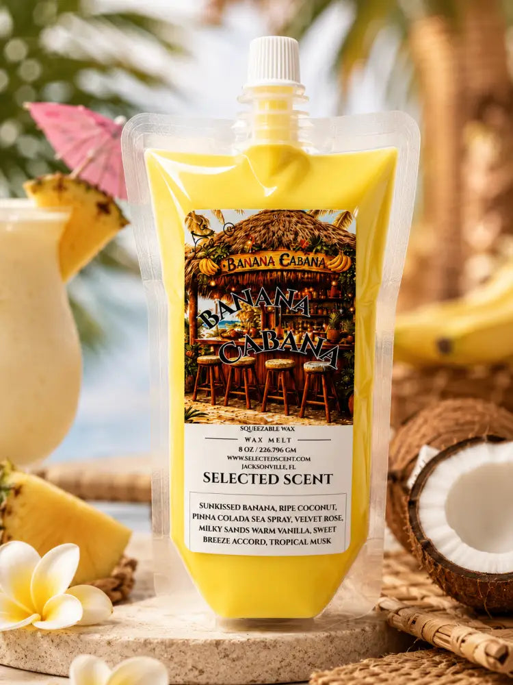 Yellow squeezable wax melt pouch with white screw cap and selected scent label