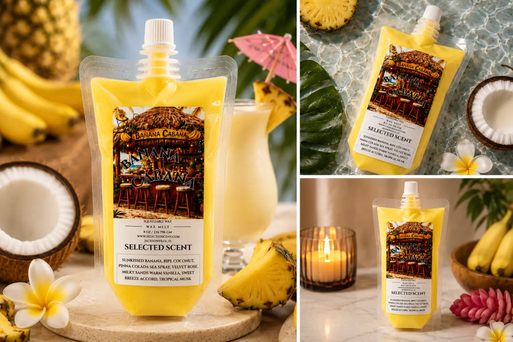 Yellow squeezable wax melt pouch with white screw cap shown from multiple angles