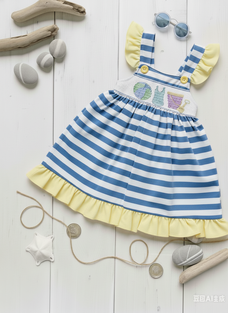 Girls seaside dress, blue striped skirt with yellow ruffle trim and embroidered beach motif