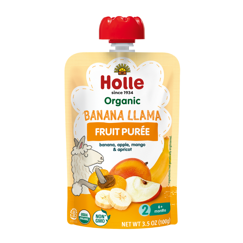 Holle Organic Banana Llama fruit purée pouch with banana, apple, mango and apricot