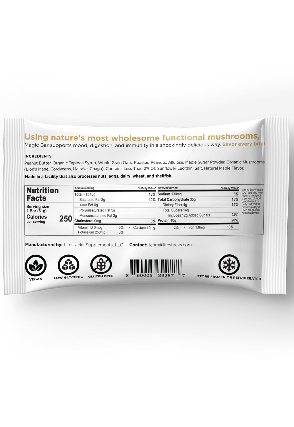 Nutrition facts and ingredient panel on protein snack bar pouch, back view