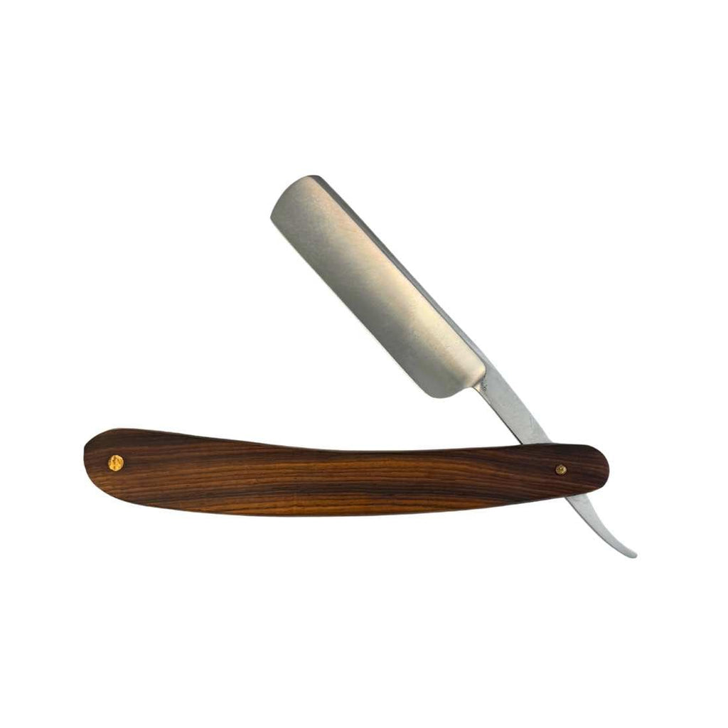 Straight razor with dark brown wooden handle and silver blade