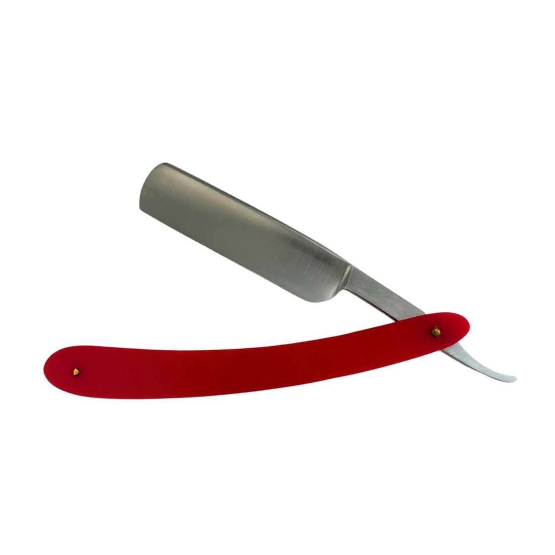 Straight razor with red handle and silver blade, gray blade guard
