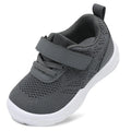 Dark grey toddler knit sneakers with Velcro strap and padded collar, white sole