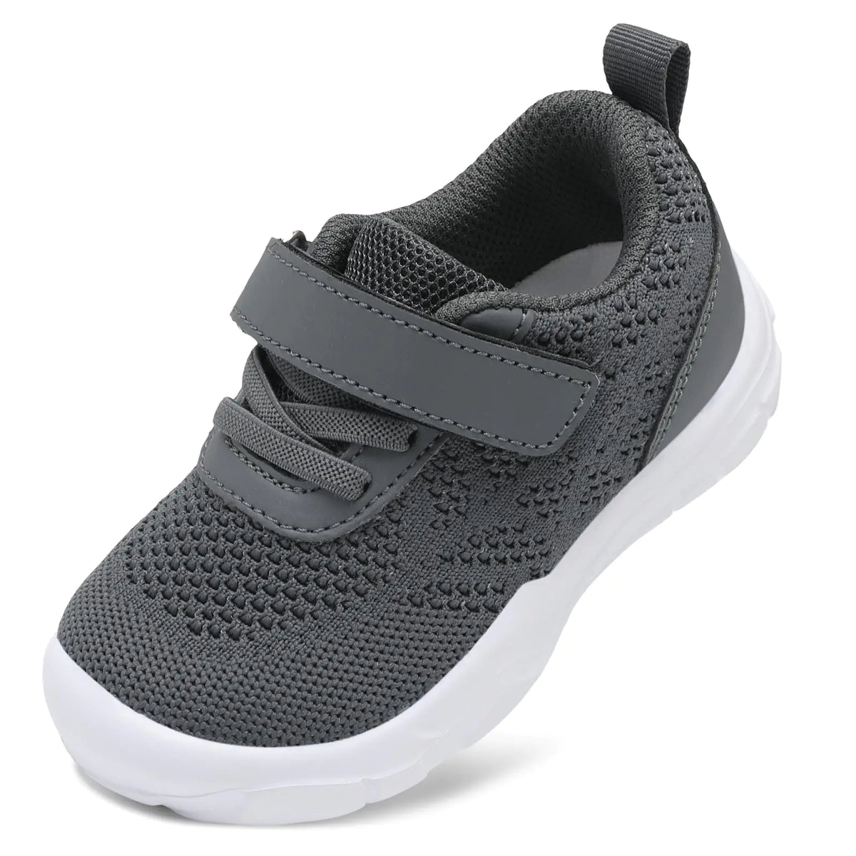 Dark grey toddler knit sneakers with Velcro strap and padded collar, white sole