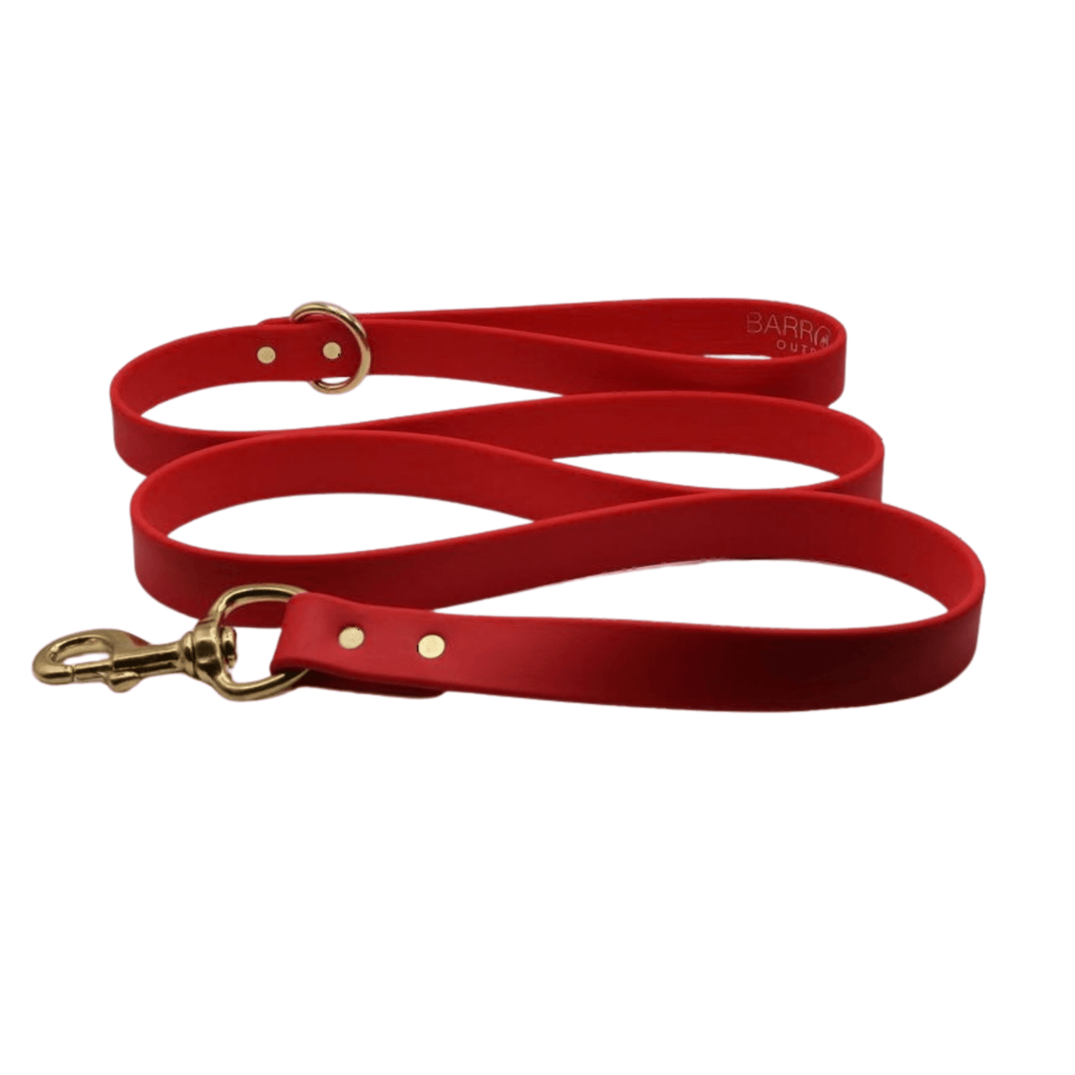Barrows dog leash with red webbing, brass clasp, and metal O-ring