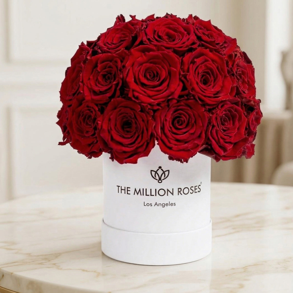 Red rose bouquet in white superdome gift box