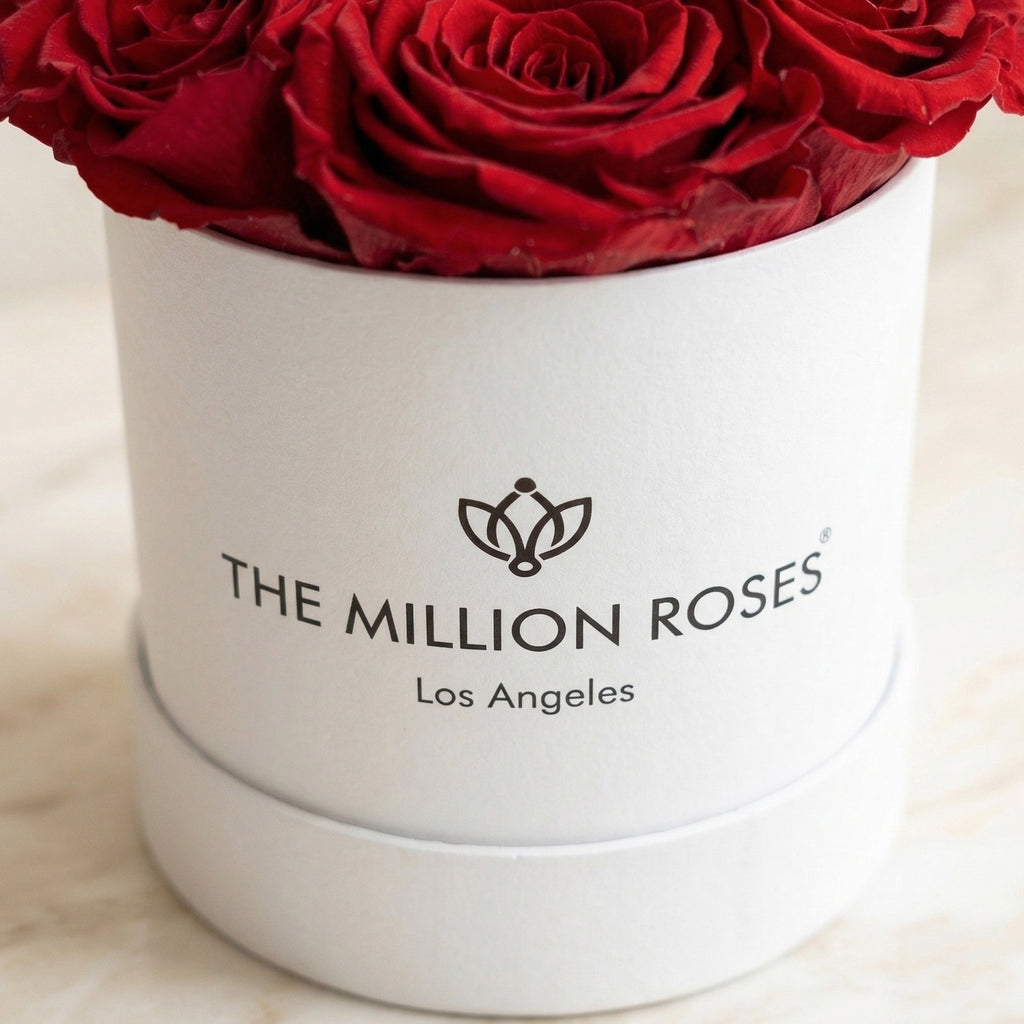 White cylindrical gift box with close-up red roses and logo