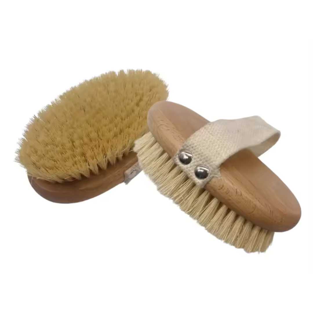 Bath brush set with oval wooden bodies and natural bristles, hanging loop