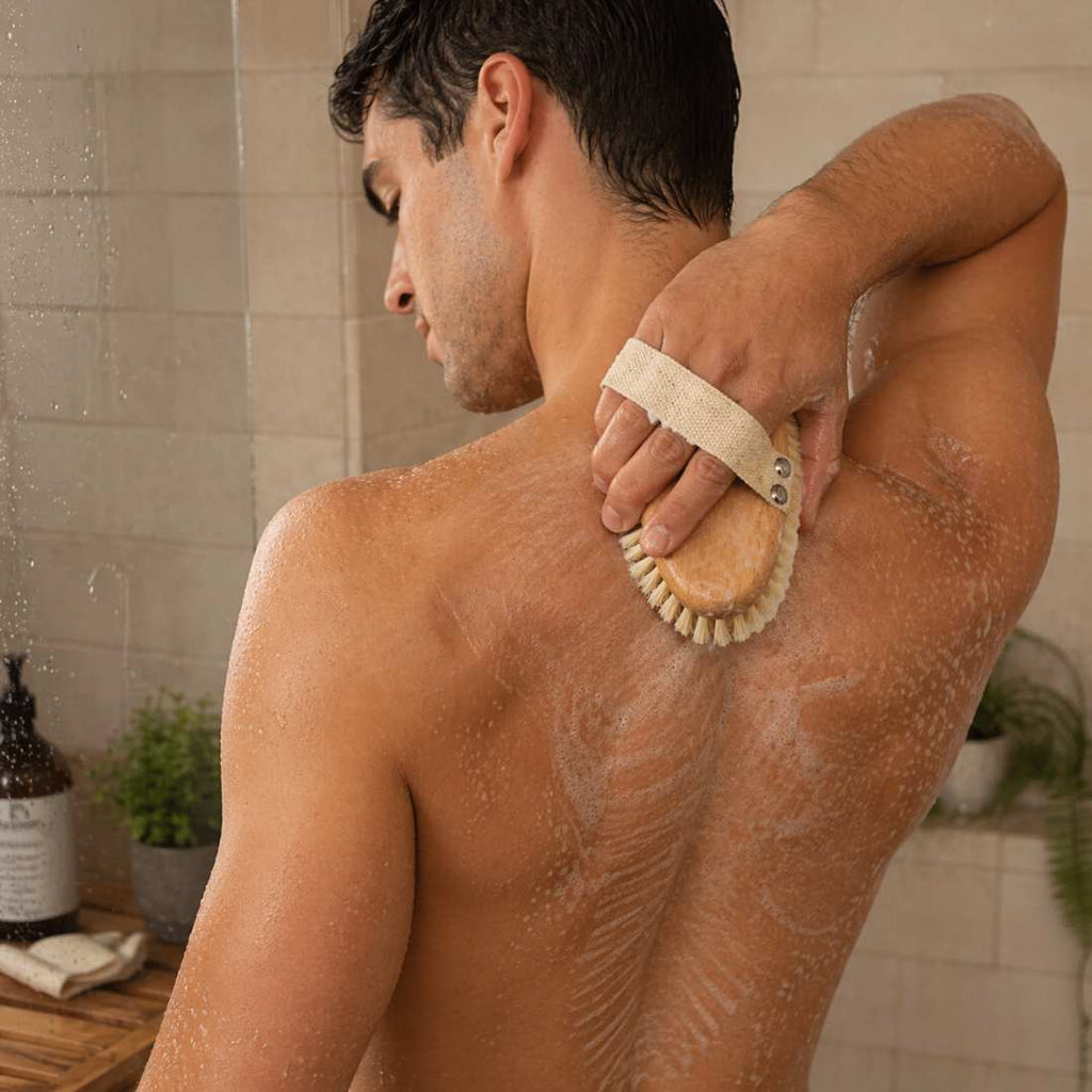 Bath brush with wooden handle and natural bristles, used on upper back