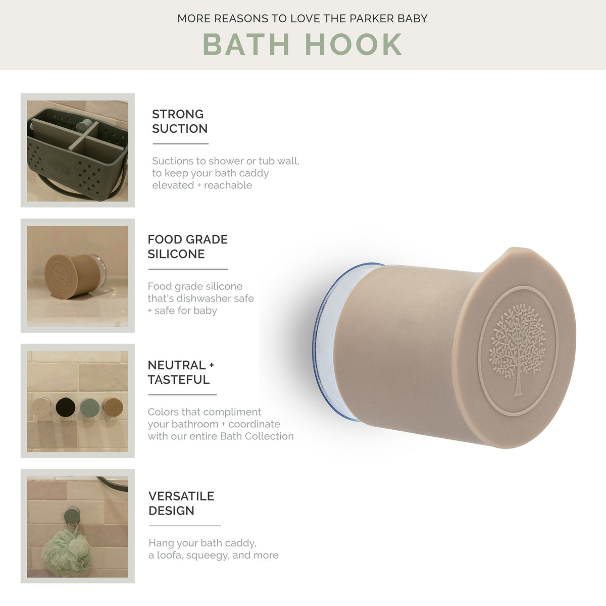 Silicone bath hook in light beige with embossed tree logo on a round cap