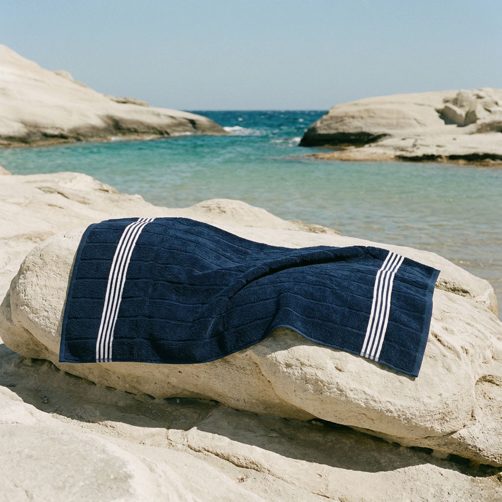 Cotton towel, navy with white triple stripe bands