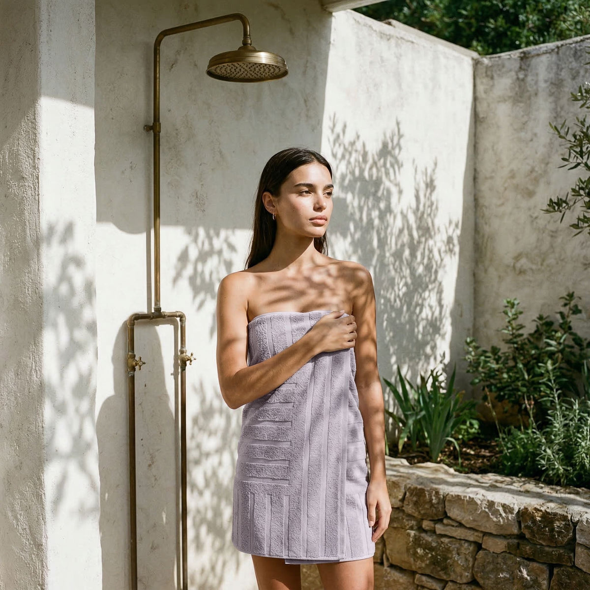 Lavender cotton towel fabric shown in a wrapped-style wrap-dress look