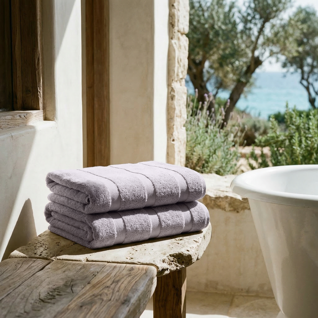 Lilac cotton towels stacked in two layers on ledge