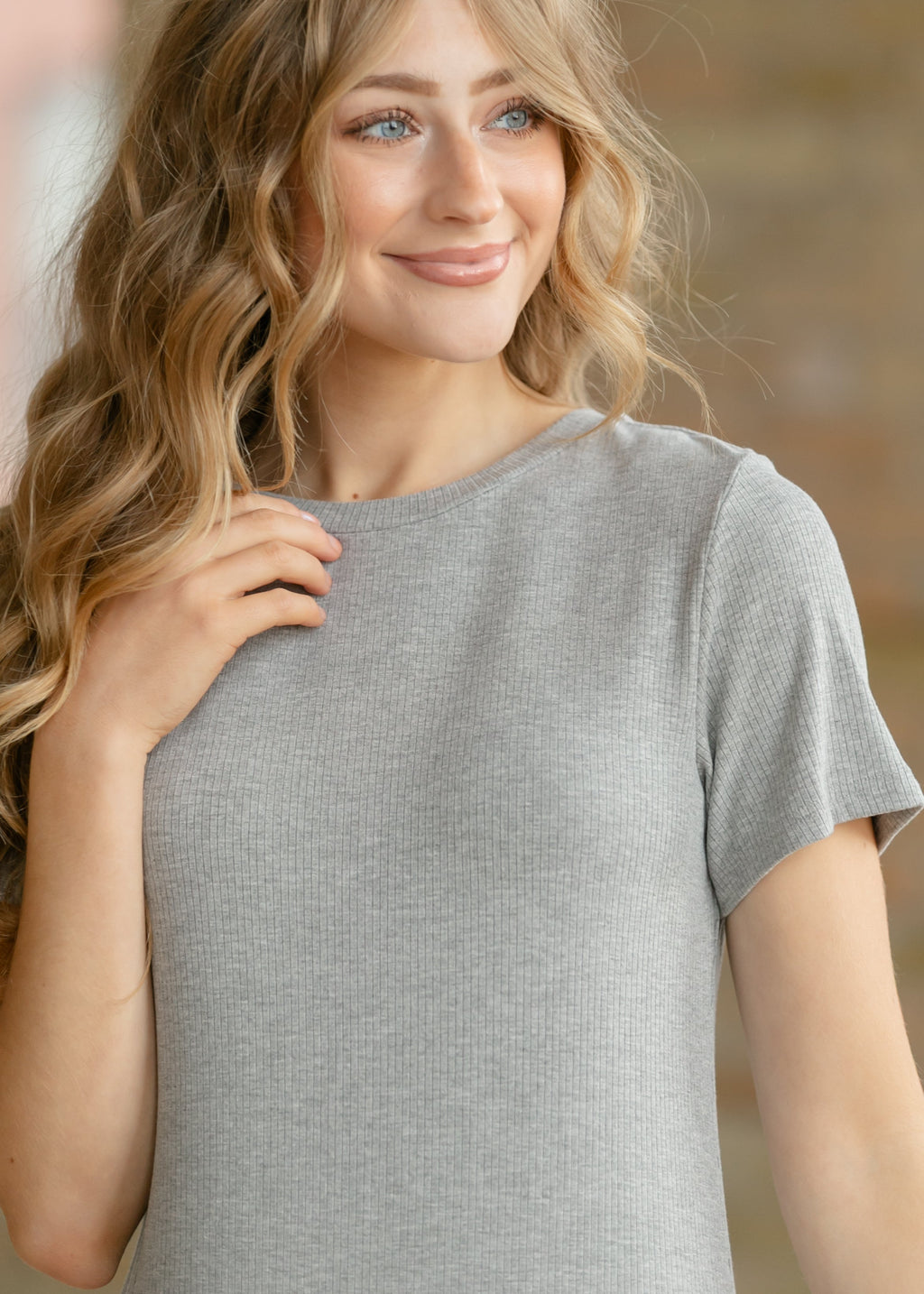 Gray ribbed t-shirt dress close-up: crew neckline and short sleeves