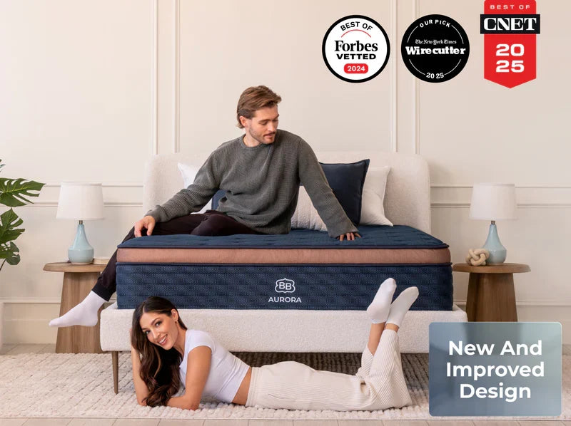 Blue cooling pillow-top mattress with quilted top on bed