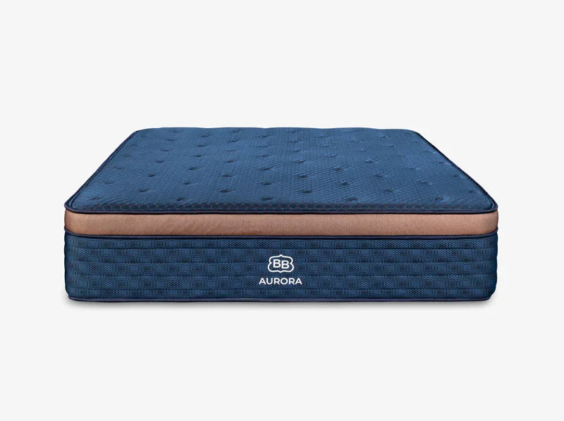 Blue Aurora cooling pillow-top mattress with quilted top and BB logo on front