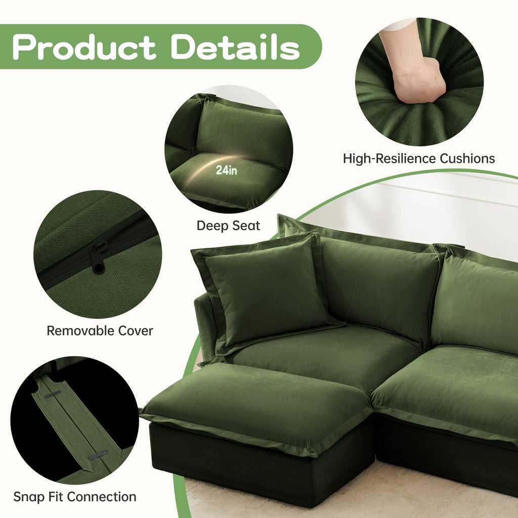 Green sectional sofa chaise with thick cushions and removable snap-fit cover detail