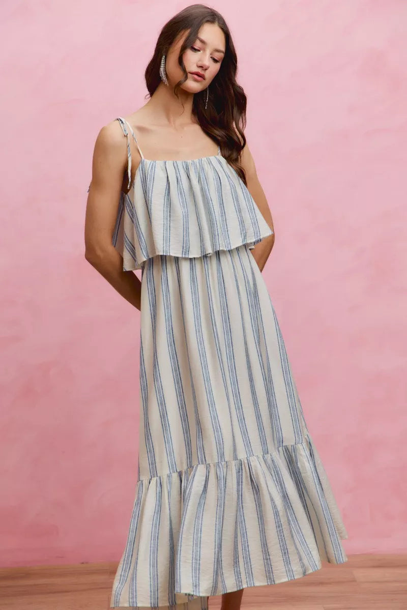 Blue-and-white striped tiered midi dress with tie shoulder straps and layered ruffles