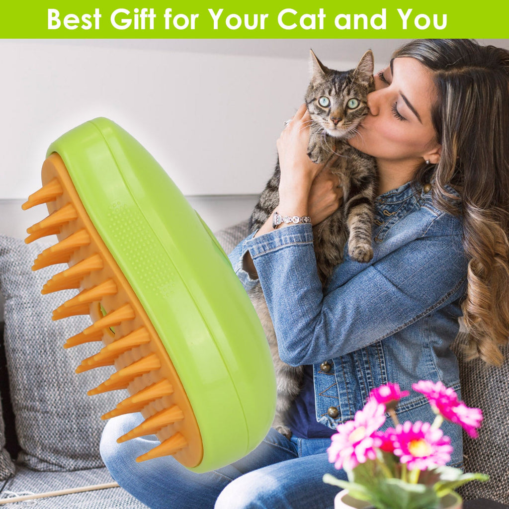 Lime green steam brush with orange bristles while grooming a cat next to a person