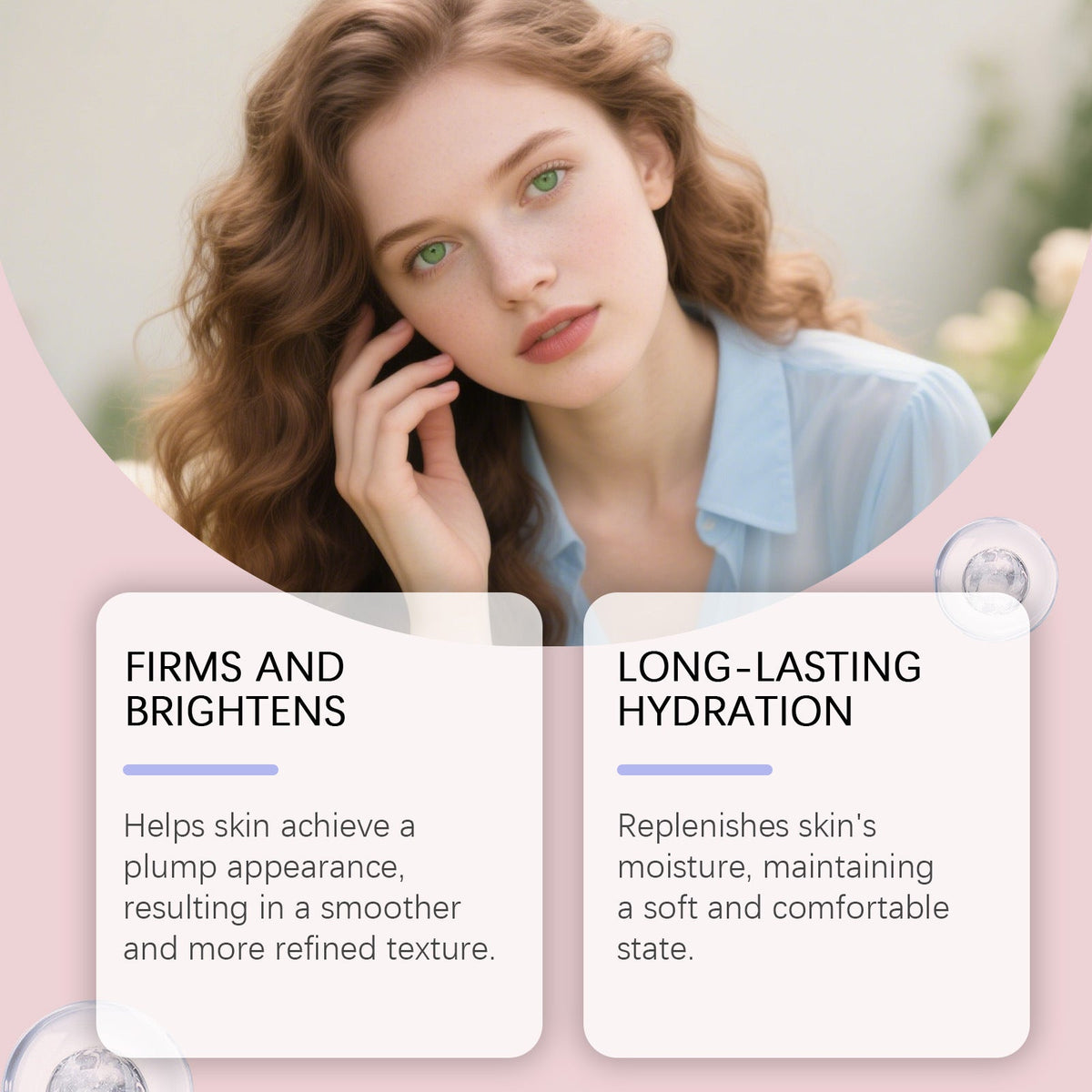 Facial cream benefit cards with model portrait, hydration and brightening