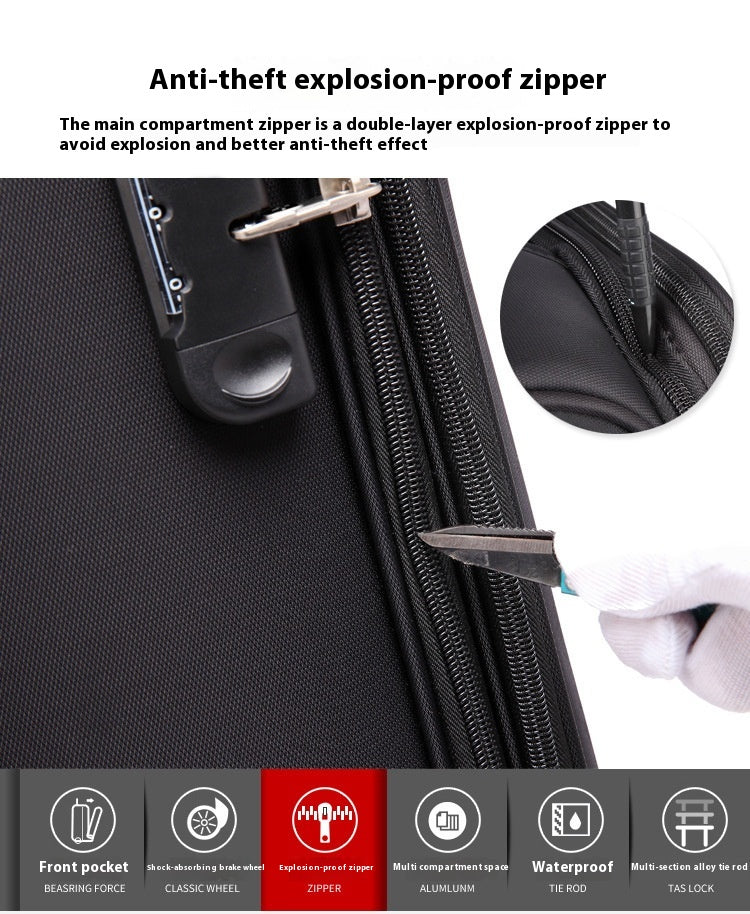 Black suitcase zipper close-up with anti-theft style zipper track and pull tab.