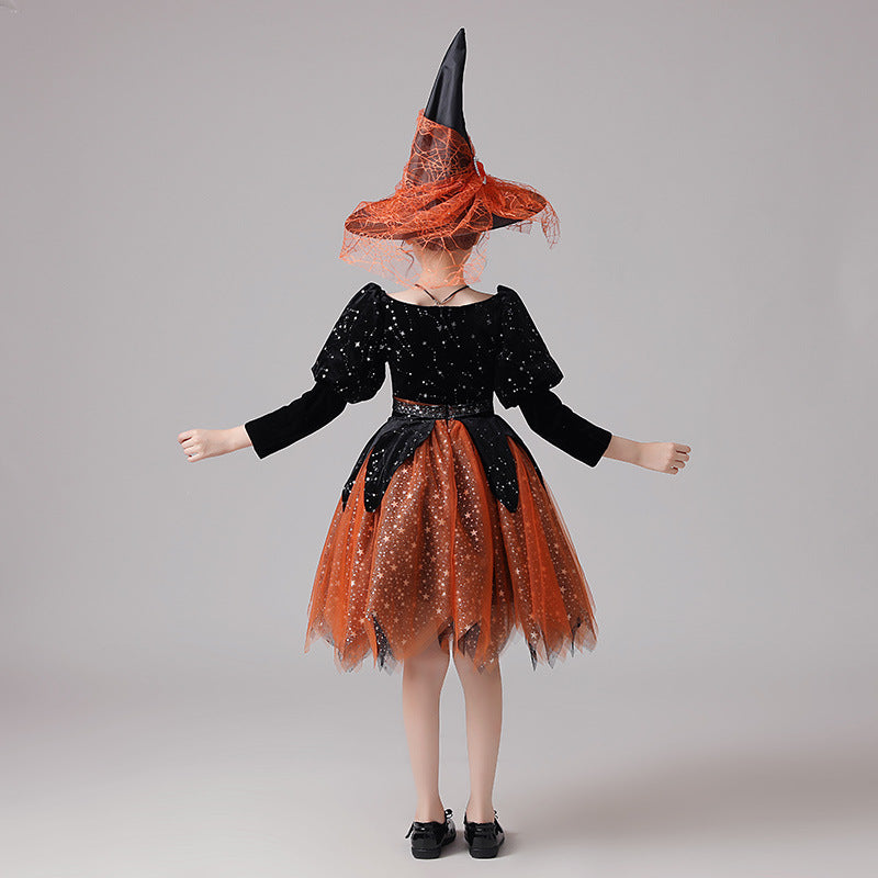 Children's witch ball costume with orange pointed hat and black top, orange glitter tulle skirt