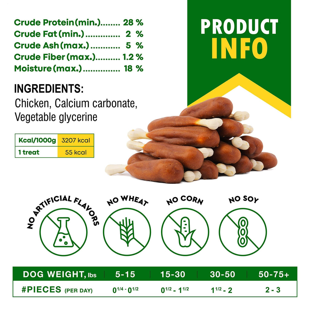 Dog chew product info panel with ingredients list and stacked brown calcium bones