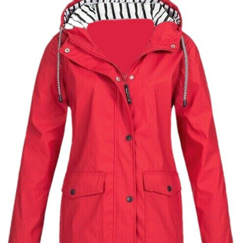 Three-in-one waterproof jacket in red, hooded with drawstring toggles