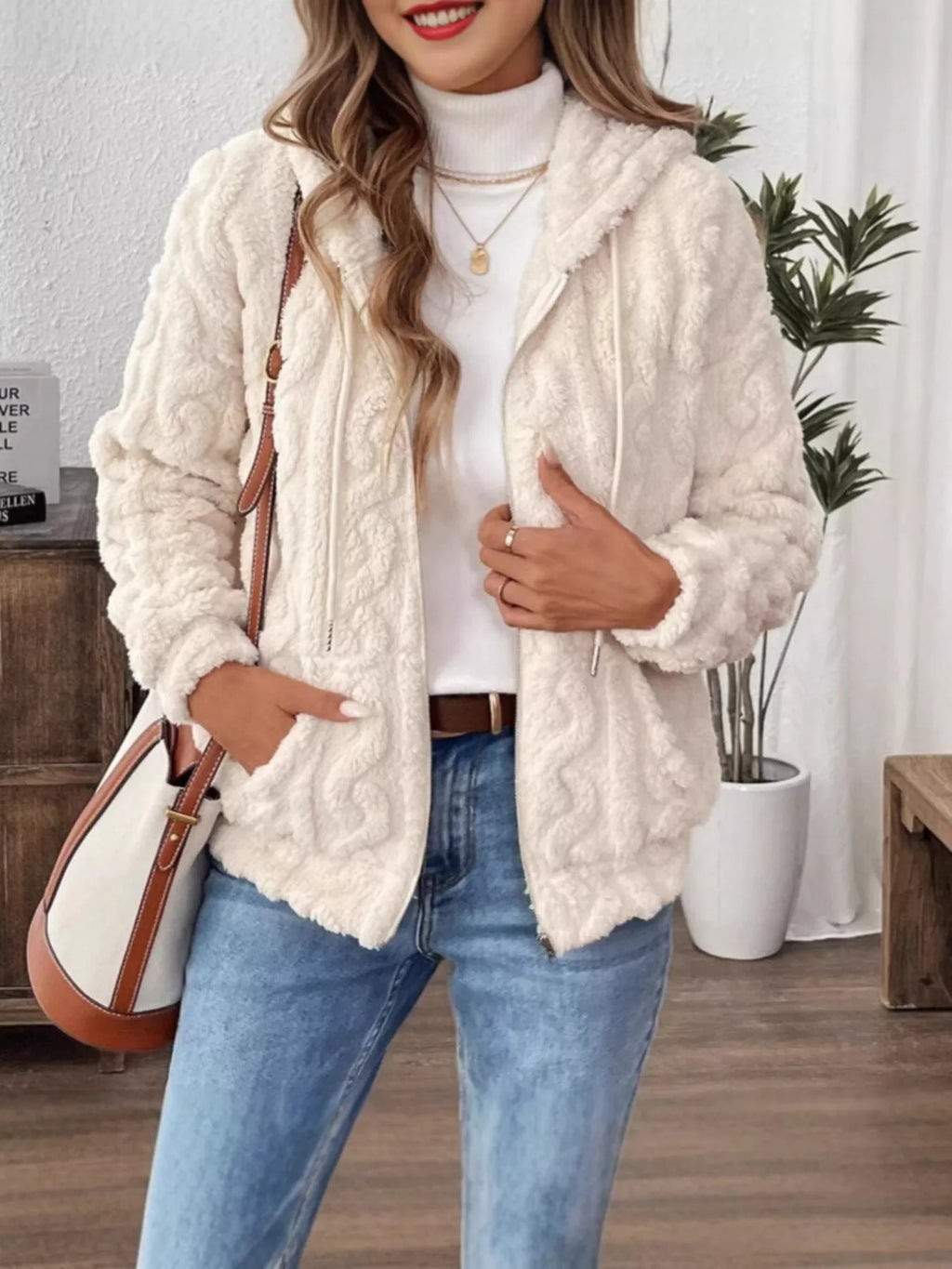 Ivory fleece zip-up hoodie with drawstring hood, front view with open neckline