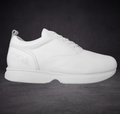 White low-top sneaker with lace-up front and WOA logo on the side