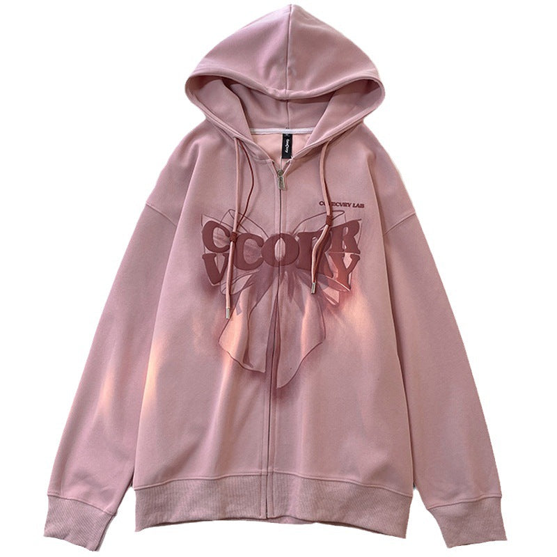 Pink hooded zip cardigan with foamed front print and drawstring ties