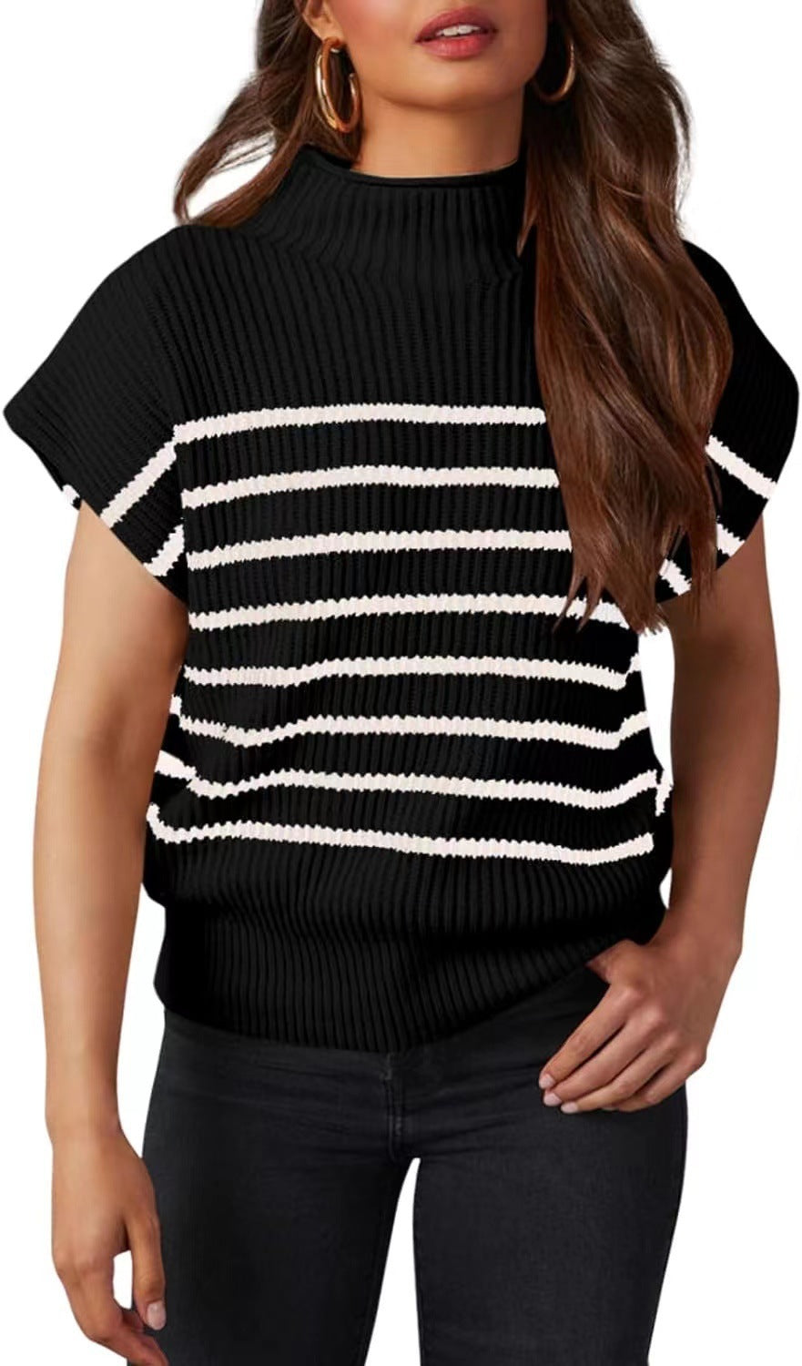 Women’s ribbed knit cap-sleeve turtleneck pullover, black with white horizontal stripes