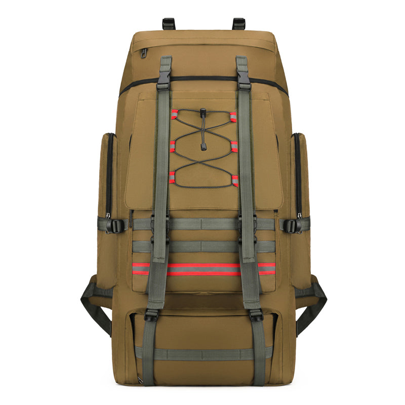 Khaki travel backpack with front organizer panel and red striped webbing