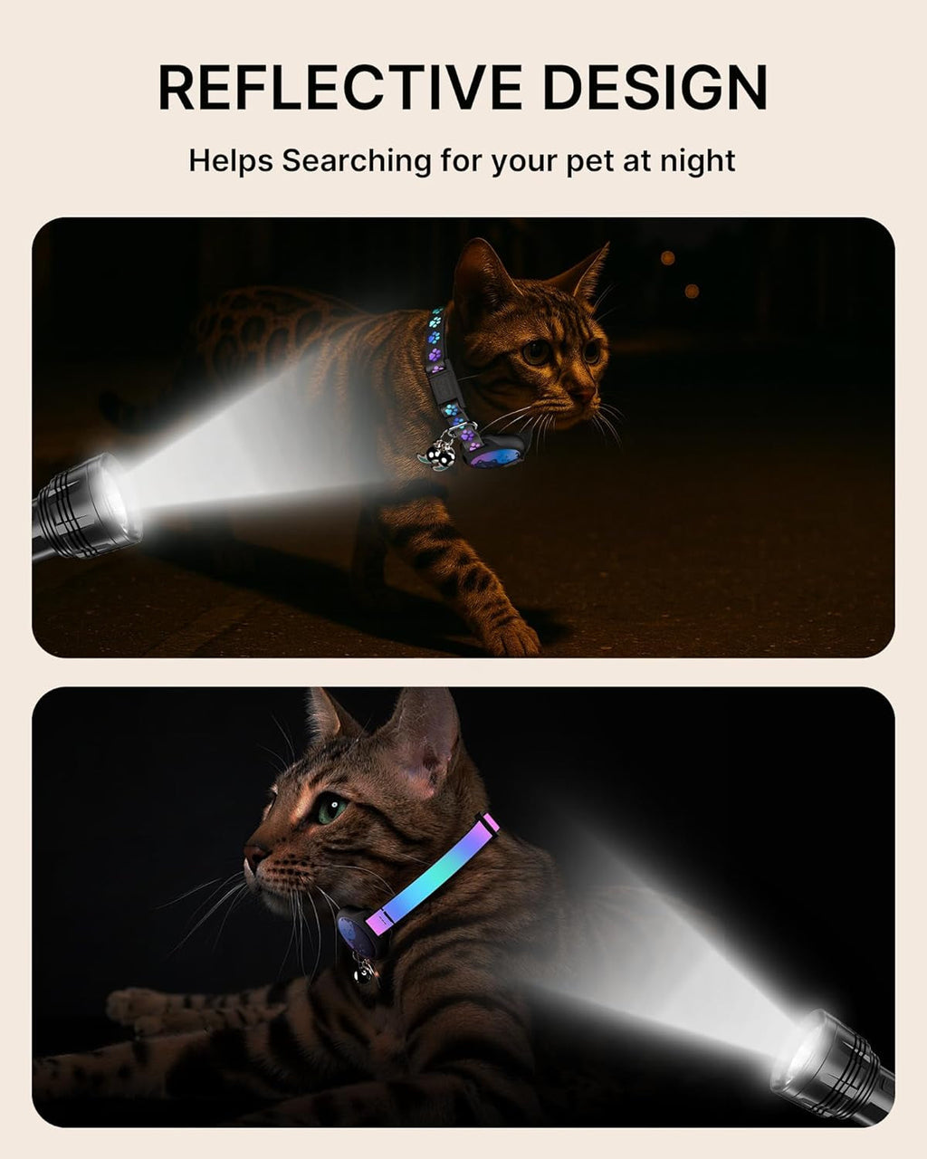 Reflective cat collar with AirTag holder, shown on cats under flashlight beams