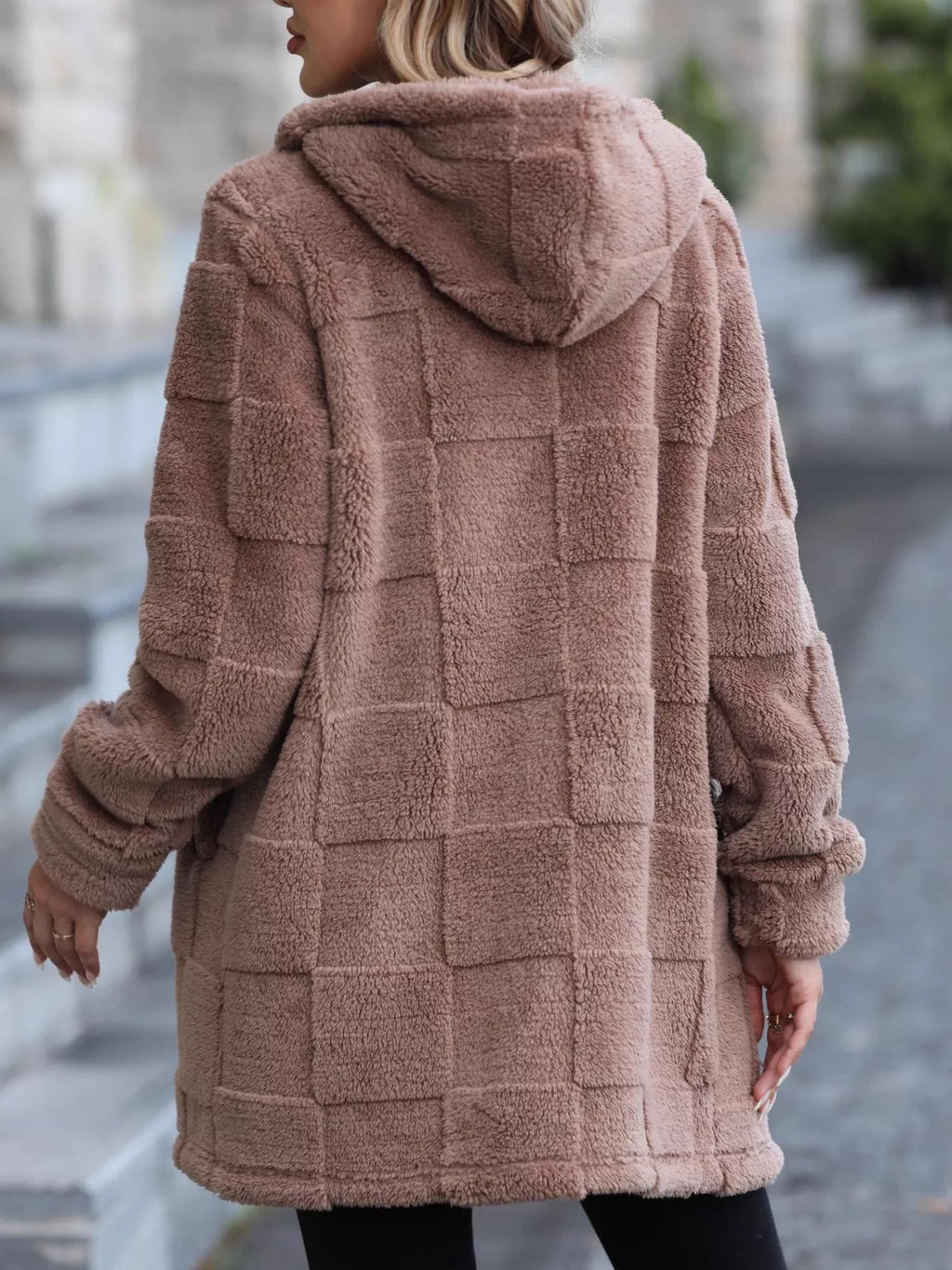 Khaki fleece zip-up hooded jacket with textured grid pattern, back view